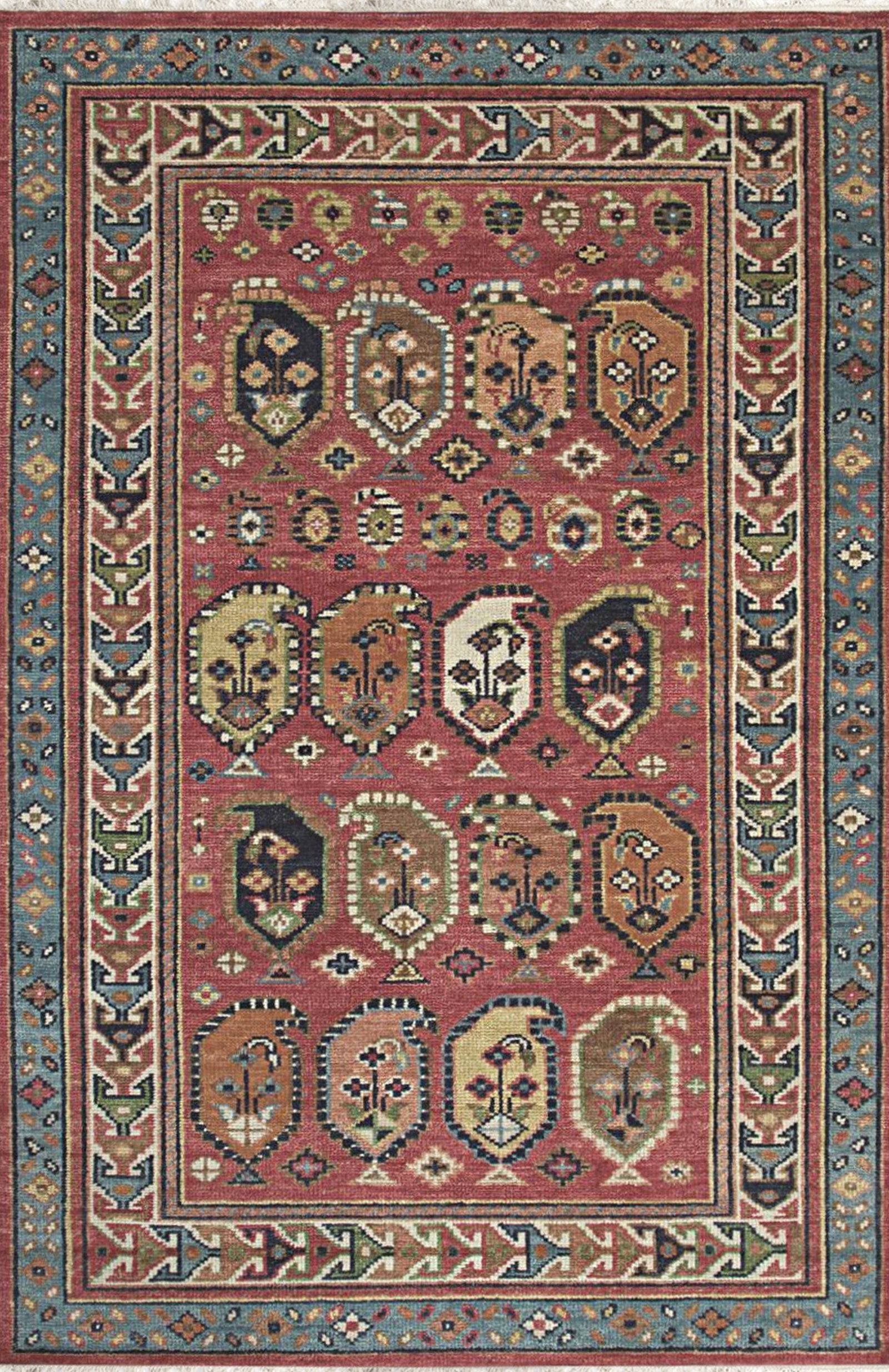 Traditional Knot Wool Area Rug 8'10 x 12', Red: Traditional Knot area rug, wool in red tones, brand new, approximately 8'10 x 12' (108 x 144 inches, 0.5-inch pile), a room-anchoring 9x12 size. Deep burgundy grounds meet silvery gray accents in this