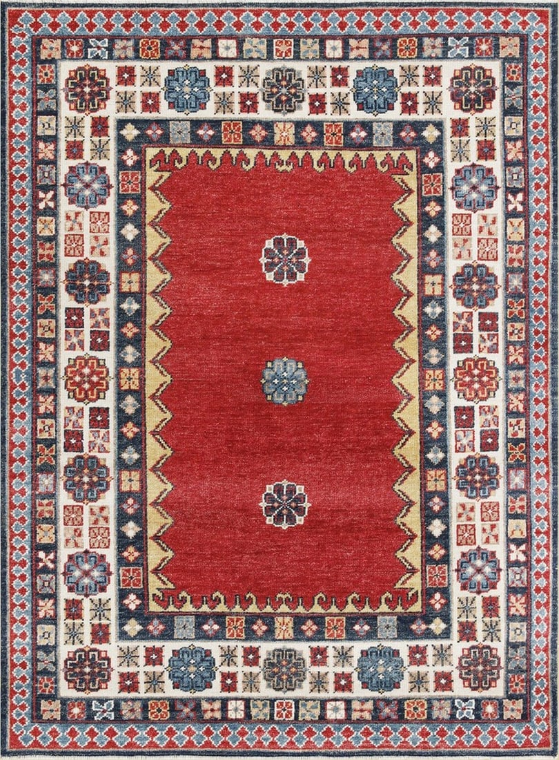 Kazak Hand-Knotted Wool Area Rug 8' x 10', Rust: Kazak area rug, hand-knotted in wool, in rust tones, brand new, approximately 8' x 10' (96 x 120 inches, 0.5-inch pile), a versatile 8x10 size. Rust is a color that reads differently depending on what