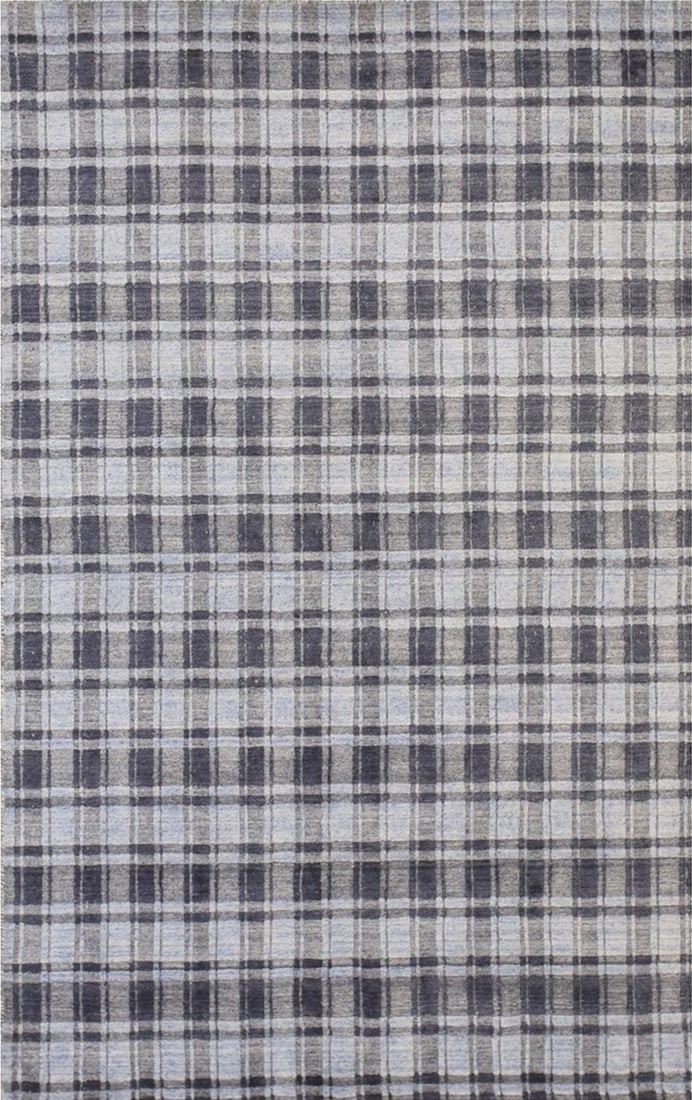 Thomas Handmade Bamboo Silk Area Rug 5' x 8', Blue: Thomas area rug, handmade in bamboo silk, in blue tones, brand new, approximately 5' x 8' (60 x 96 inches, 0.4-inch pile), a versatile 5x8 size. This rug features a timeless plaid motif, woven with ba