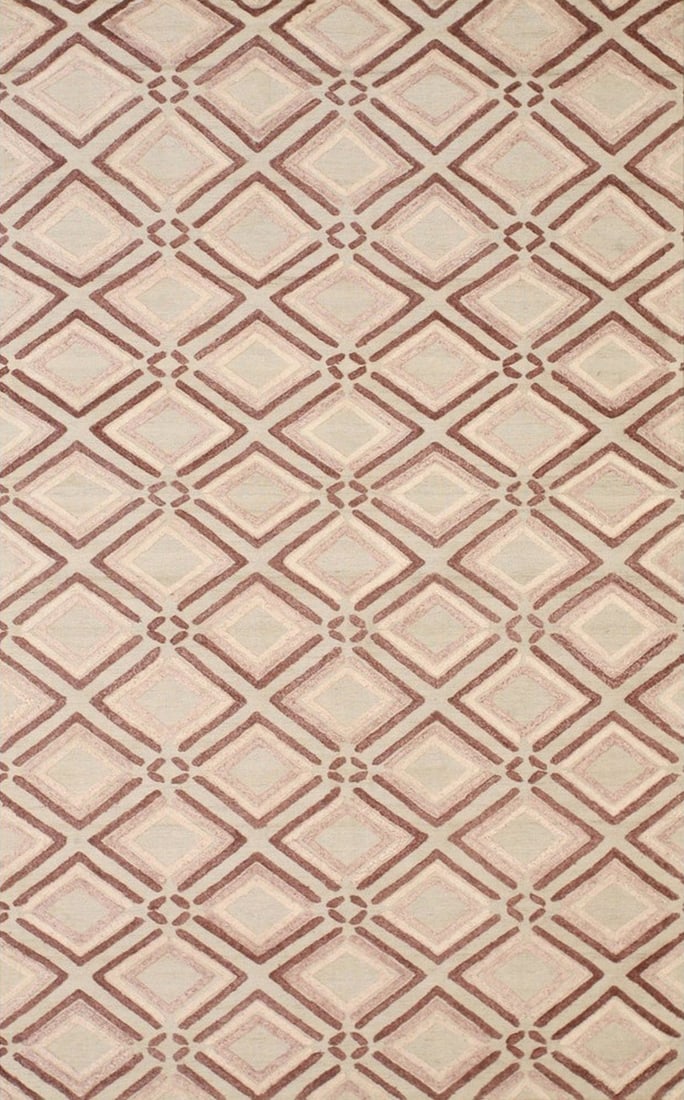 Raga Handmade Wool Area Rug 5' x 8', Purple: Raga area rug, handmade in wool, in purple tones, brand new, approximately 5' x 8' (60 x 96 inches, 0.3-inch pile), a versatile 5x8 size. This rug features a captivating geometric dance of diamonds, r