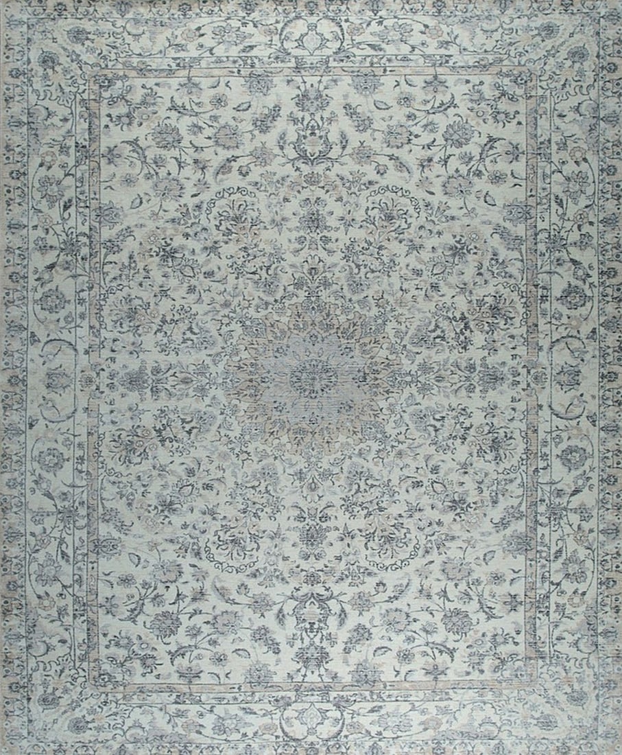 Wool and Viscose Kerman-Kashan-Isfahan Rug 6'x9': Wool and Viscose Kerman-Kashan-Isfahan area rug in beige tones, brand new, approximately 6' x 9' (72 x 108 inches, 0.5-inch pile), a versatile 6x9 size. This design draws on the classic Persian city f