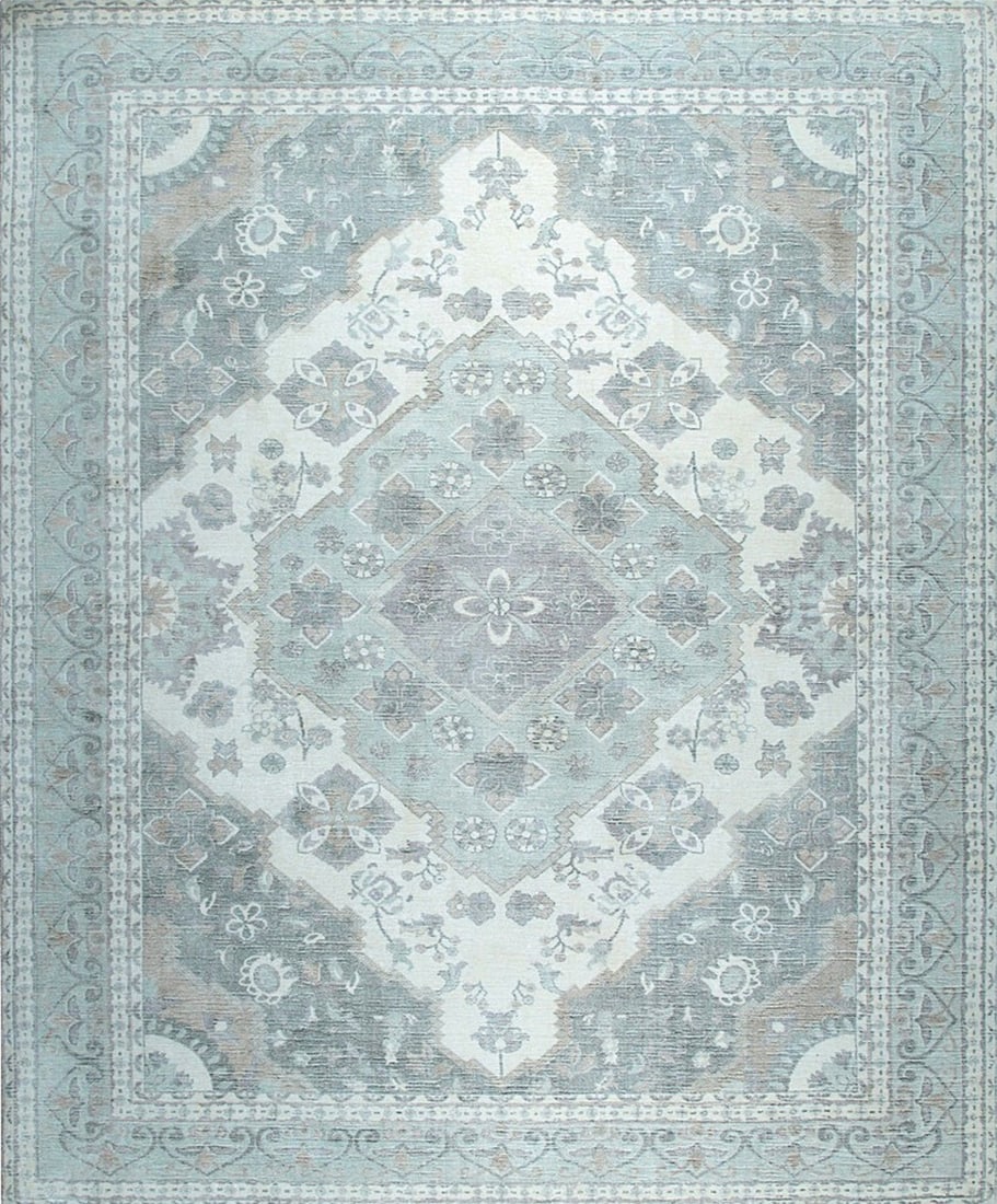 Oriental Hand-Knotted Wool Rug 6' x 9', Light Green: Oriental area rug, hand-knotted in wool, in light green tones, brand new, approximately 6' x 9' (72 x 108 inches, 0.5-inch pile), a versatile 6x9 size. An oriental pattern rendered in deep green shift