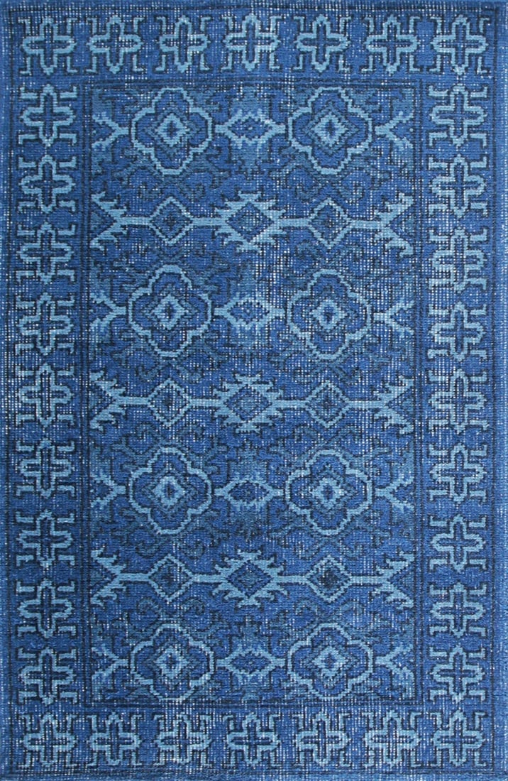 Classic Hand-Knotted Wool Area Rug 4' x 6', Blue: Classic area rug, hand-knotted in wool, in blue tones, brand new, approximately 4' x 6' (48 x 72 inches, 0.5-inch pile), a versatile 4x6 size. Made in India and sold by Eastern Oriental Rugs, the impo