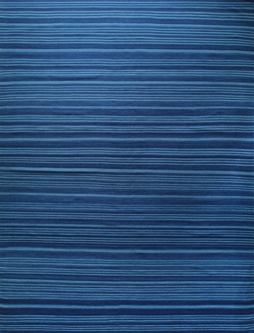 Flat Modern Weave Handwoven Wool Rug 7'9 x 9'9, Blue: Flat Modern Weave area rug, handwoven in wool, in blue tones, brand new, approximately 7'9 x 9'9 (96 x 120 inches, flatweave, 0.25-inch thick), a versatile 8x10 size. Made in India and sold by Eastern