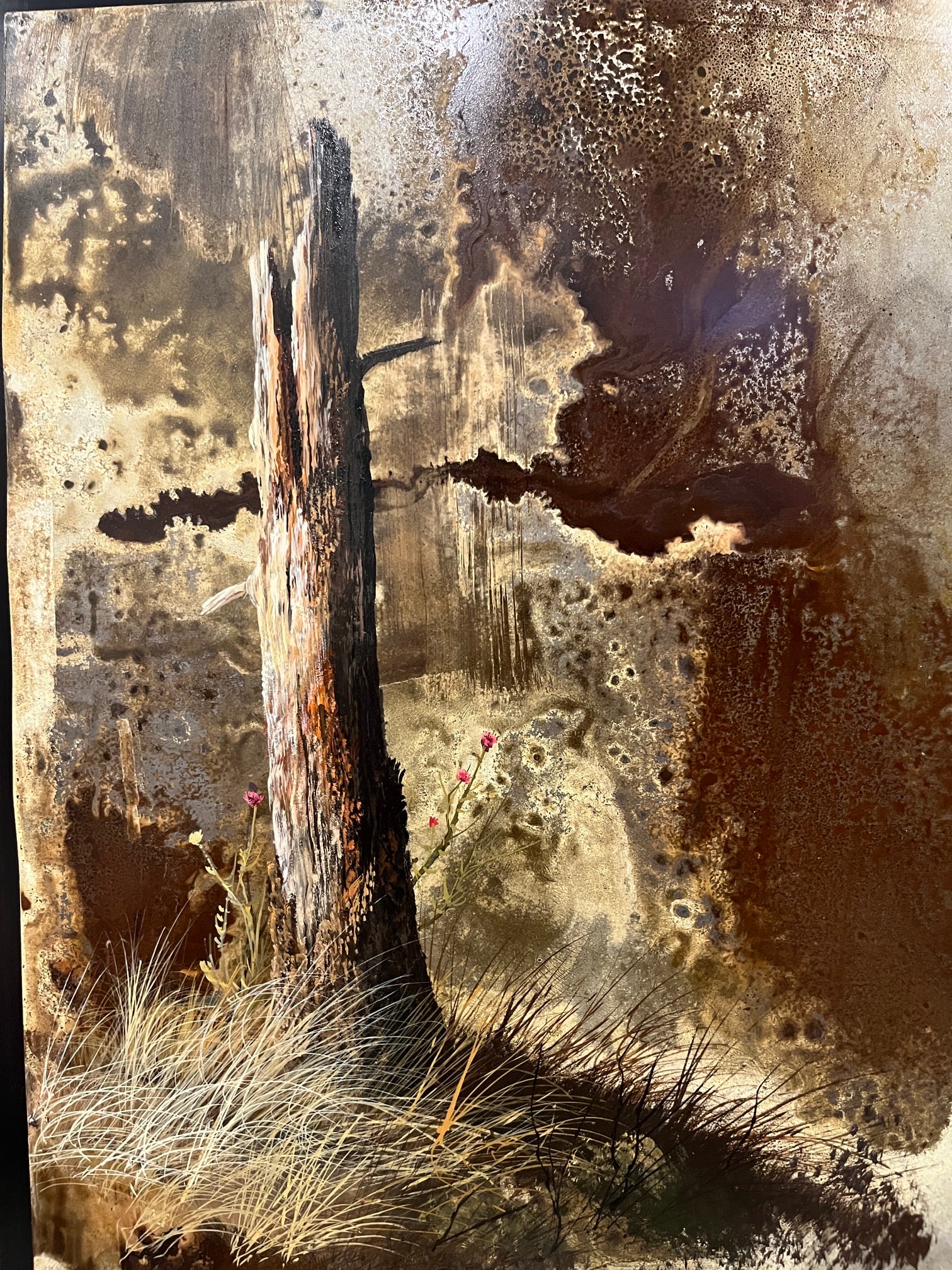 Contemporary Steel-Panel Oil by Trevor V. Swanson - Thistle Guard: Original oil and patina on steel panel by Trevor V. Swanson, titled "Thistle Guard," depicting a weathered tree trunk, native grasses, and flowering thistle against a richly textured landscape. The