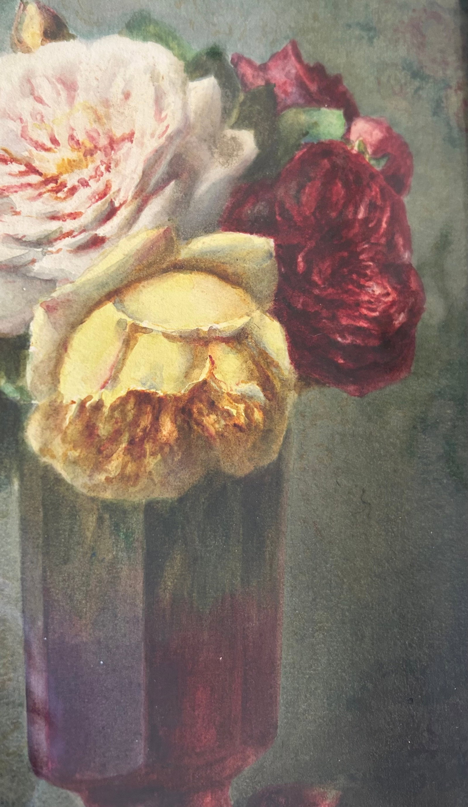 French Floral Watercolor by Isidore Rosenstock - Roses in Glass Vase: Original watercolor on paper by French artist Isidore Rosenstock (1880-1956), showing cream, yellow, pink, and deep red roses in a tall translucent glass vase. Signed at lower right and identified by 