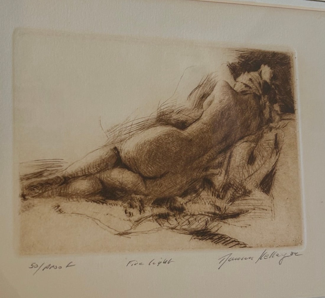 Figurative Etching by Damien Kelley - Fire Light, 1982, Proof: Original figurative etching titled "Fire Light" by Damien Kelley, dated 1982. The intimate composition depicts a reclining nude rendered with energetic cross-hatching and expressive line. Pencil signe