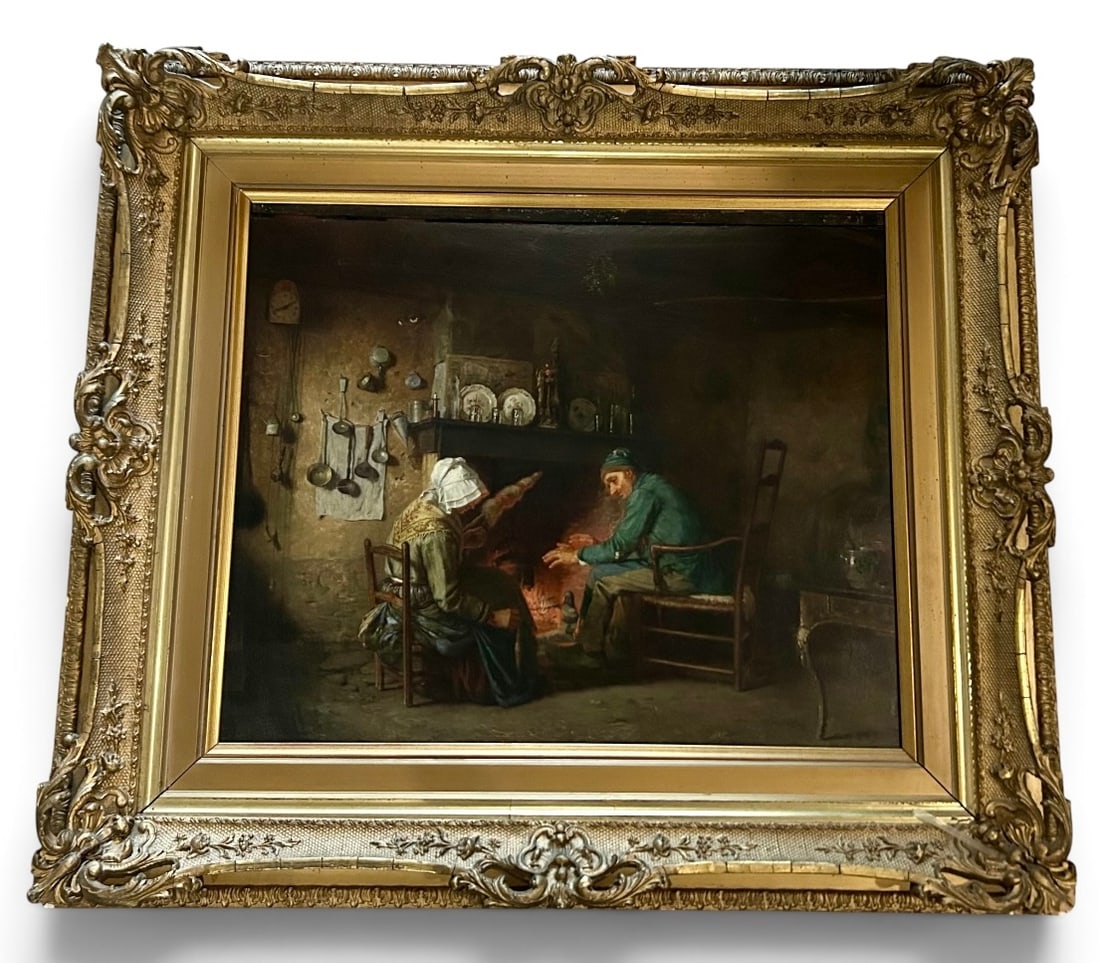 French Interior Genre Oil Attributed to Leon Richet - Figures by the Hearth: Antique oil on cradled mahogany panel attributed to French Barbizon painter Leon Richet (1847-1907), depicting two seated figures warming themselves beside a glowing hearth in a rustic kitchen interio