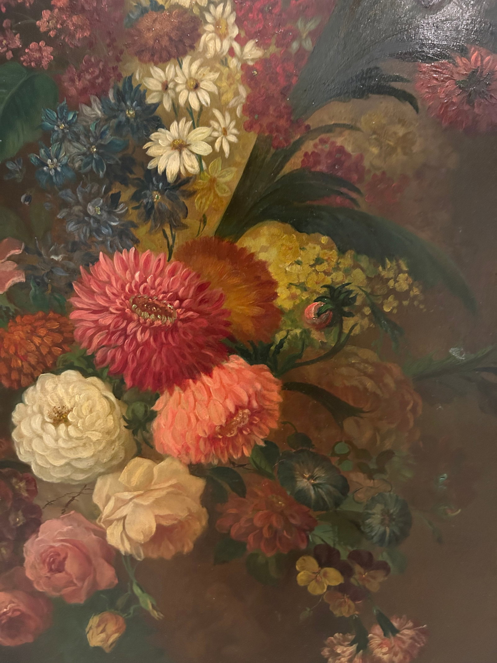 Scottish Floral Still Life Signed Inkson McConachie, Circa 1870: Antique oil on wood panel depicting a dense bouquet of chrysanthemums, roses, peonies, and other mixed flowers against a dark background. Signed "Inkson McConachie" at lower right and fitted with a ma