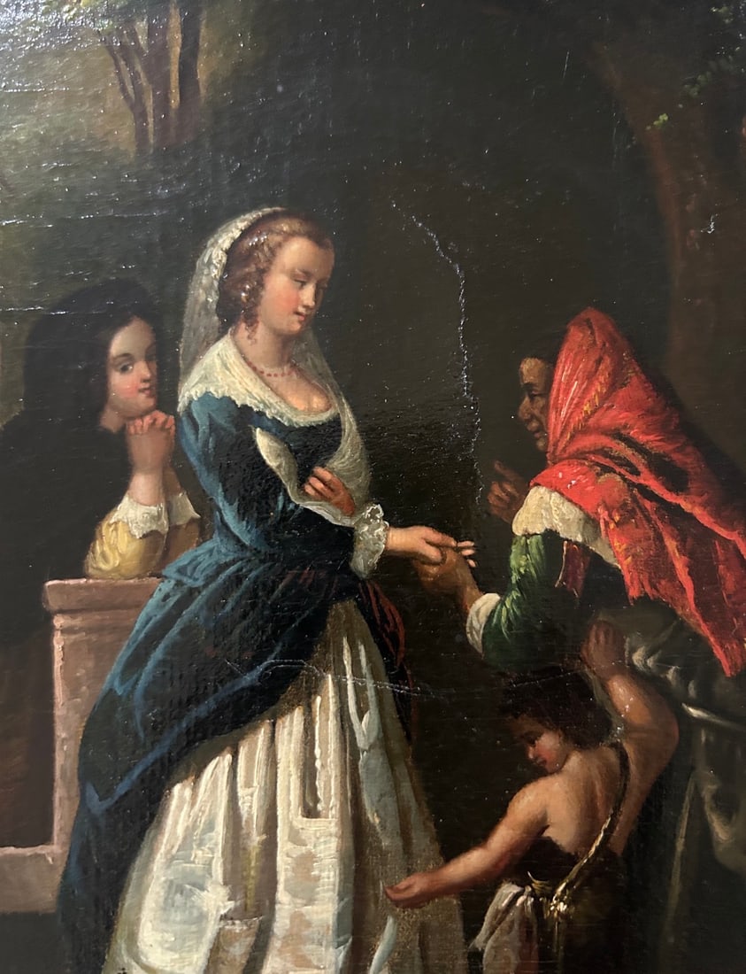 European Garden Genre Oil - Three Women and Child: Oil on canvas depicting three women and a child in a shaded garden or terrace setting, rendered in a nineteenth-century European genre style. A Mussallem Galleries label on the reverse describes the w