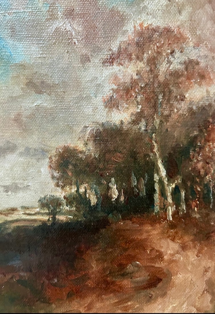Tonalist Tree-Lined Road Landscape Oil: Oil on canvas depicting a winding dirt road bordered by trees beneath a softly atmospheric sky. The loose naturalistic handling and subdued palette evoke late nineteenth or early twentieth-century Ton