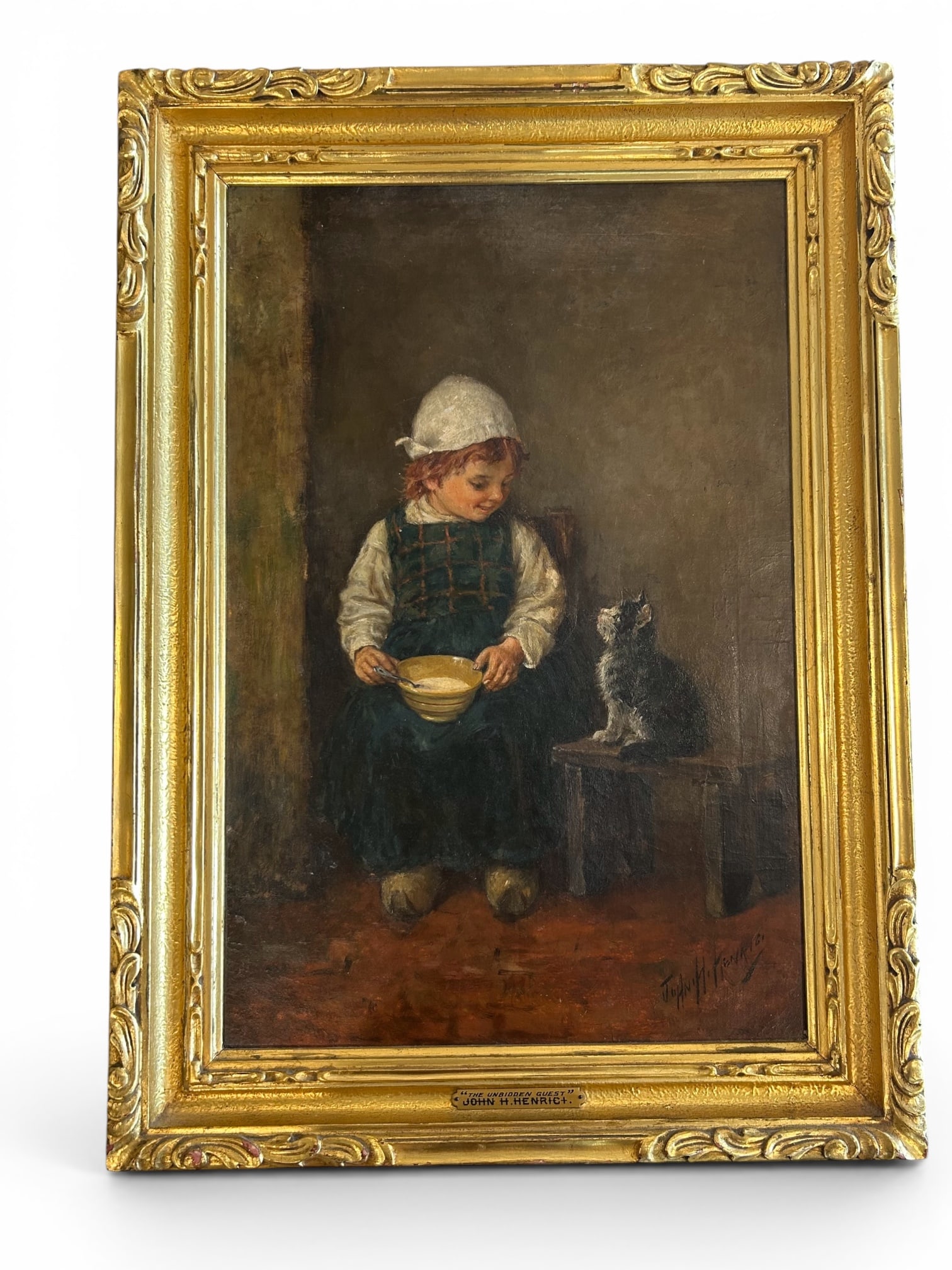 American Genre Oil by John H. Henrici - The Unbidden Guest: Original oil on canvas by American genre painter John H. Henrici, titled "The Unbidden Guest." A young girl in a white bonnet and dark green dress holds a bowl while a small cat waits attentively on a