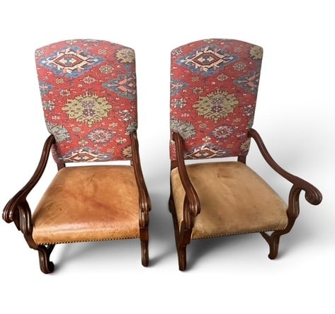 Pair Ralph Lauren Kilim, Leather and Mahogany High-Back Armchairs: Pair of large Ralph Lauren high-back armchairs, with patterned kilim textile backs, tan leather seats and outer backs, nailhead trim, carved mahogany arms, and cabriole legs. The Ralph Lauren label is