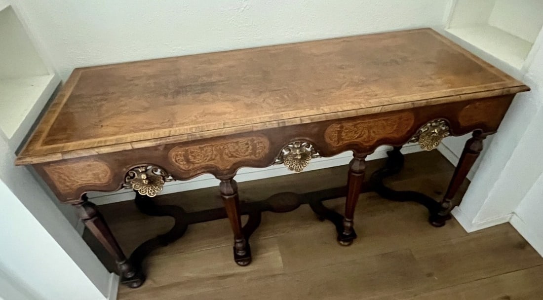 Large Asian-Inspired Burlwood Console Table with Gold-Tone Embellishments (1 of 5)