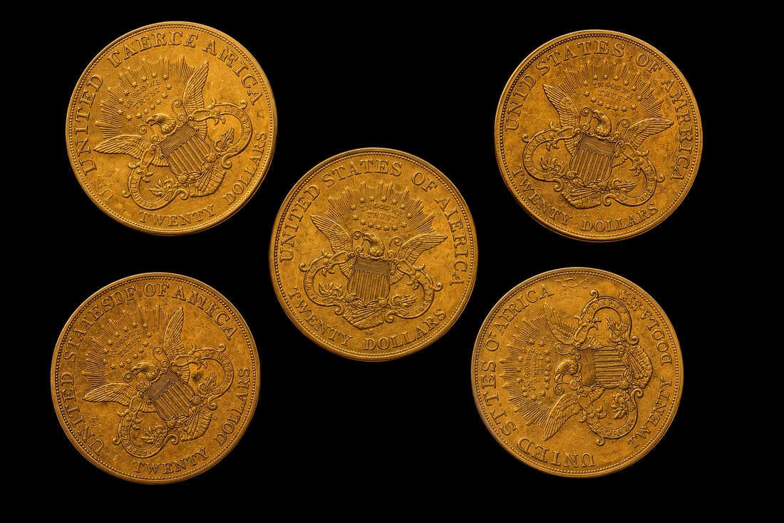 5-Coin Premium $20 Double Eagle Gold Collection: This lot features a curated 5-coin Premium $20 Double Eagle Gold collection selected for strong overall eye appeal, originality, and premium collector presentation. An attractive group of historic Uni