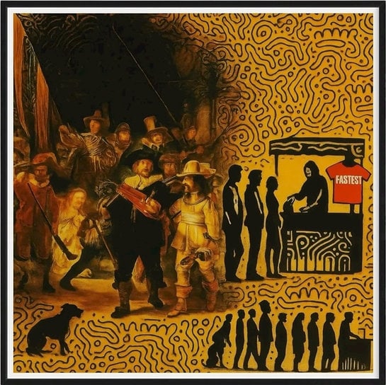 Fenzolini – NIGHTWATCH IN LINE – iFusionism of Rembrandt, Banksy and Haring - Limited Edition: NIGHTWATCH IN LINE by Fenzolini is offered as a signed and individually numbered fine art edition, strictly limited to 150 examples.Each work is accompanied by a Certificate of Authenticity signed by 