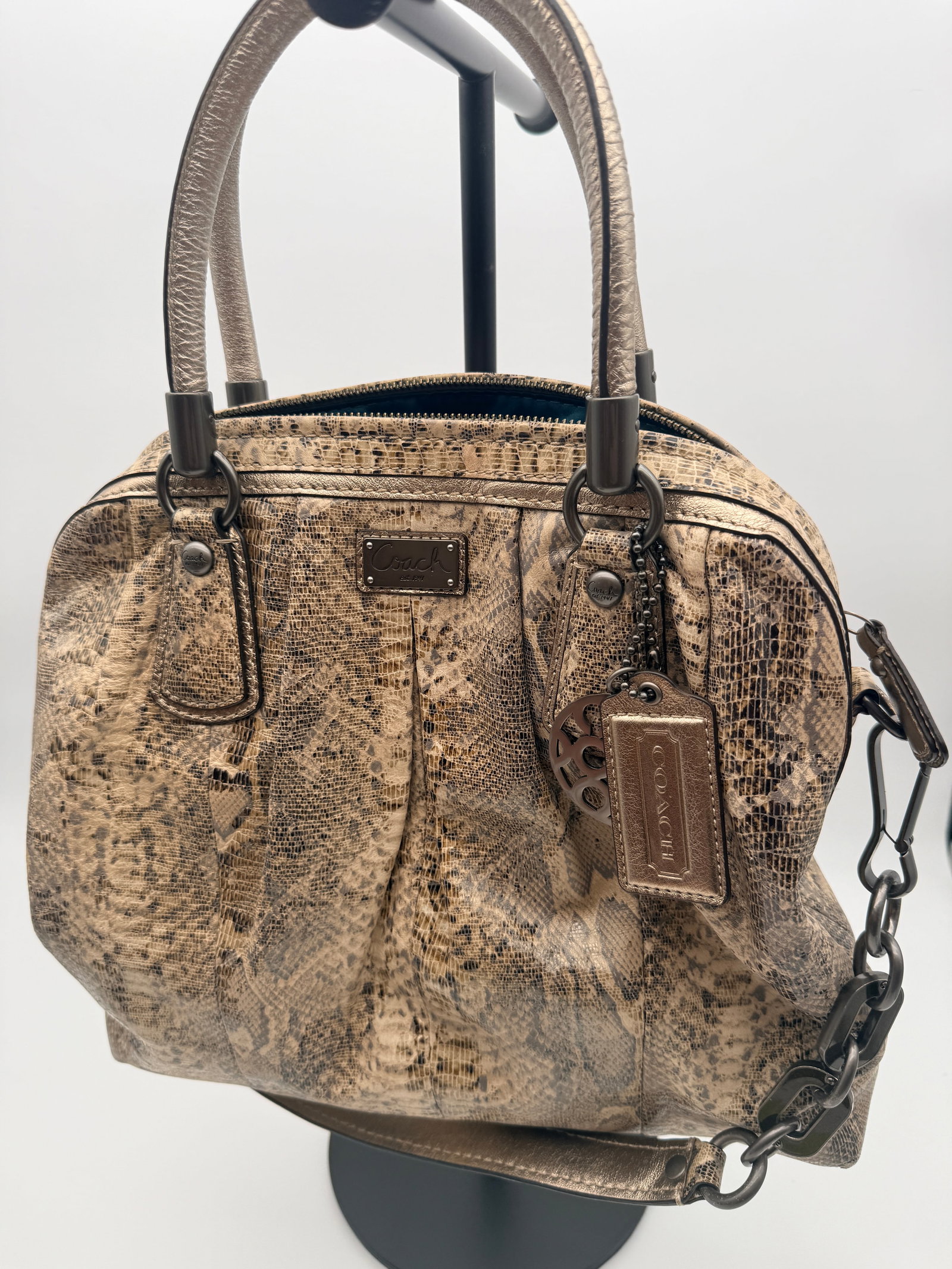 Vintage Coach Python Print Satchel: Vintage Coach python print satchel with chain strap & hangtag.