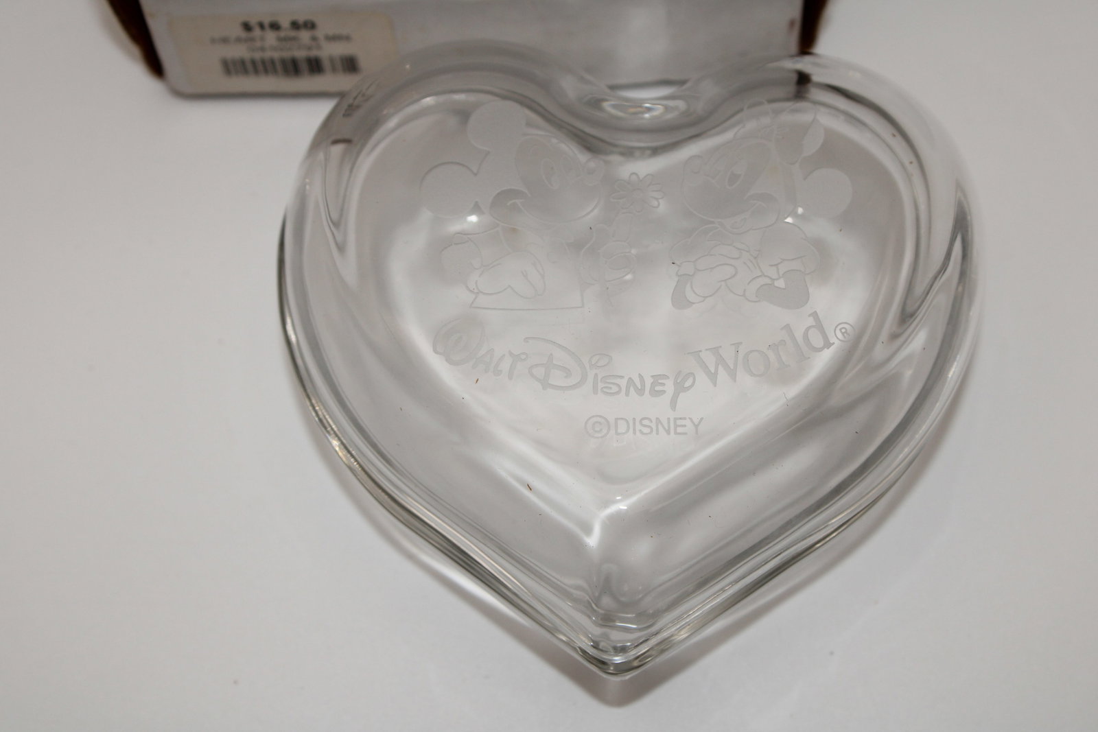 Walt Disney Glass Heart Trinket Box w/ Box: 4.5" x 4" x 2" - appears to be new