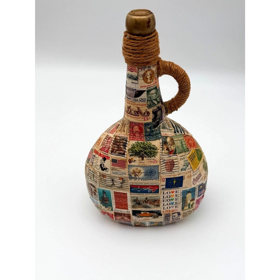 Vintage Folk Art Decoupage Stamp Covered Liquor Bottle (1 of 6)