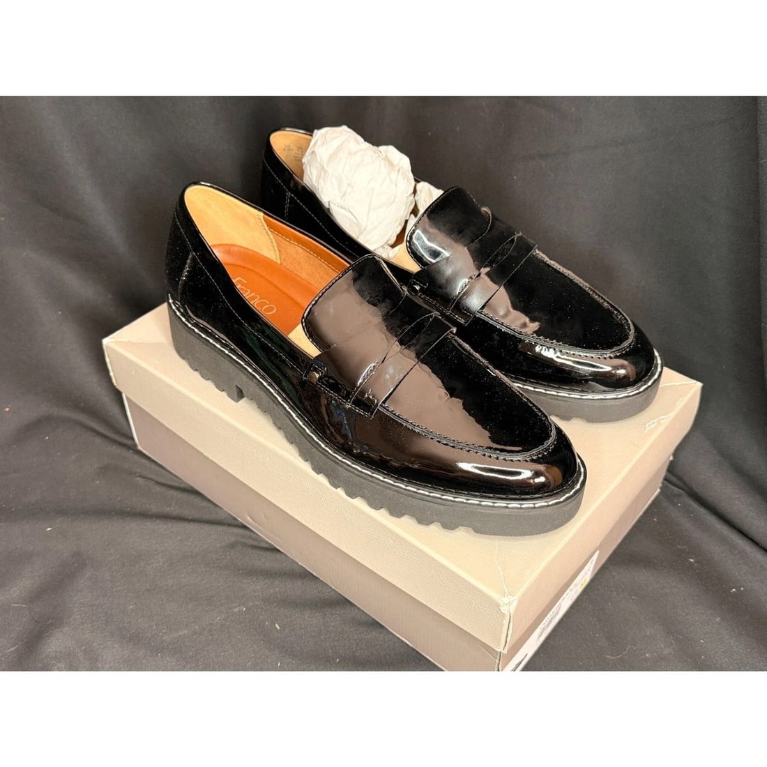 Franco Sarto Cassandra Black Patent Lug Loafers 9.5: Franco Sarto Cassandra women’s loafers in glossy black patent PU. Classic penny loafer design with chunky lug sole for modern style. Size US 9.5M. Never worn, minor storage smudging only. Original b