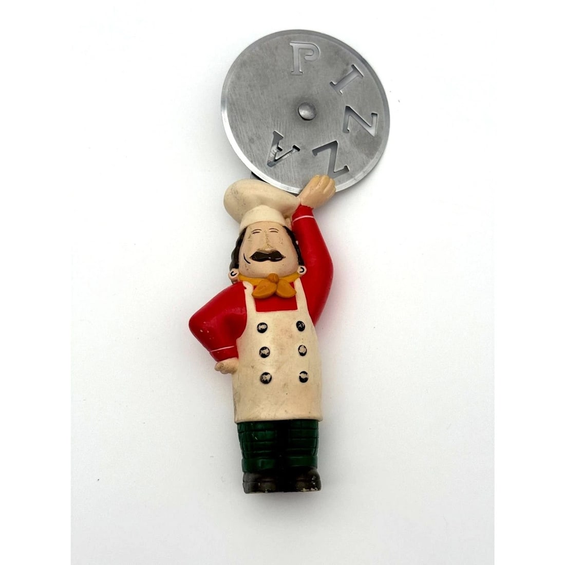 Vintage Jo!e Chef Pizza Cutter Novelty Kitchen Utensil: Fun novelty pizza cutter featuring a smiling chef figure handle and stainless steel cutting wheel. Manufactured by Jo!e and designed as both a functional kitchen tool and decorative conversation piece