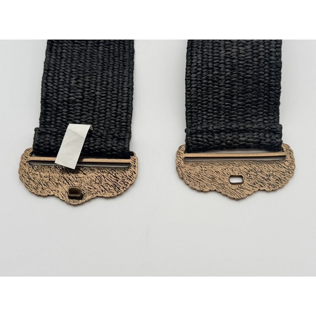 Betsey Johnson Black Woven Stretch Belt M/L: Wide black woven stretch waist belt with antiqued gold-tone interlocking buckle; style BBP1540. Light wear