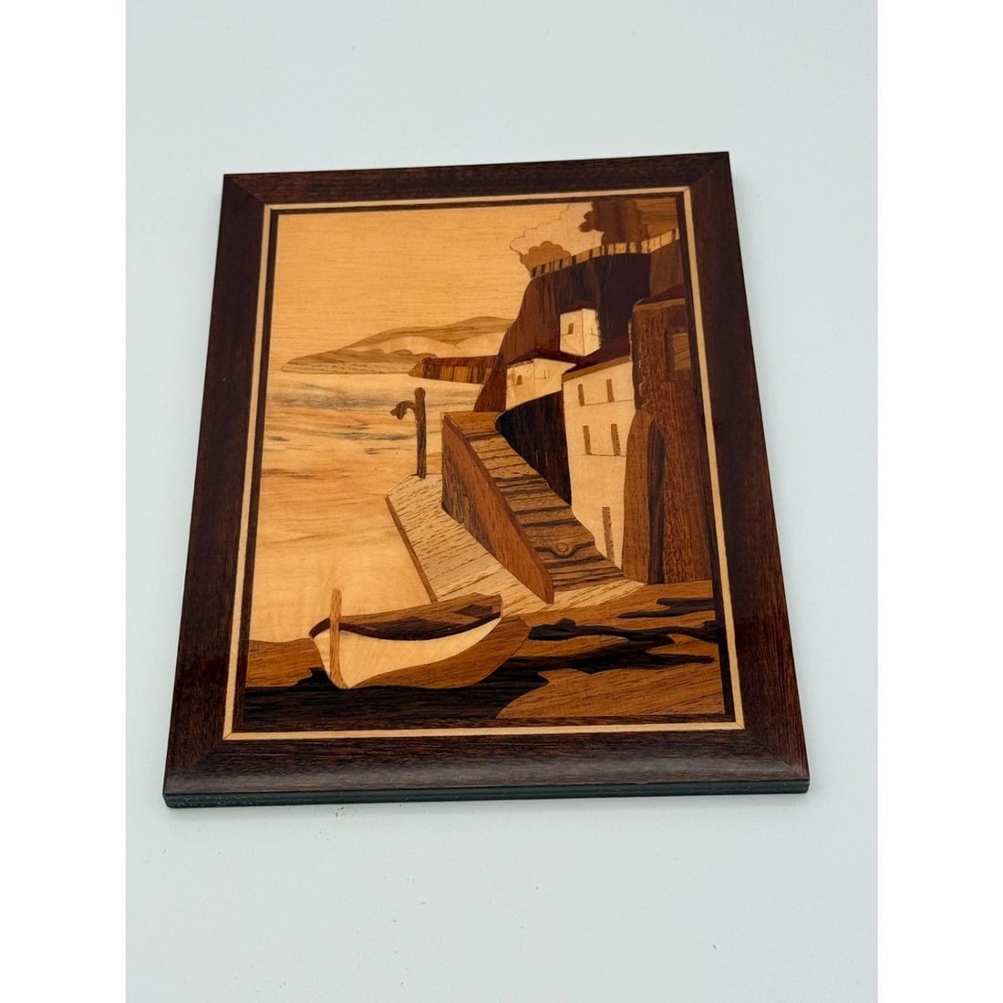 Vintage Wood Marquetry Coastal Harbor Scene Wall Plaque (1 of 3)