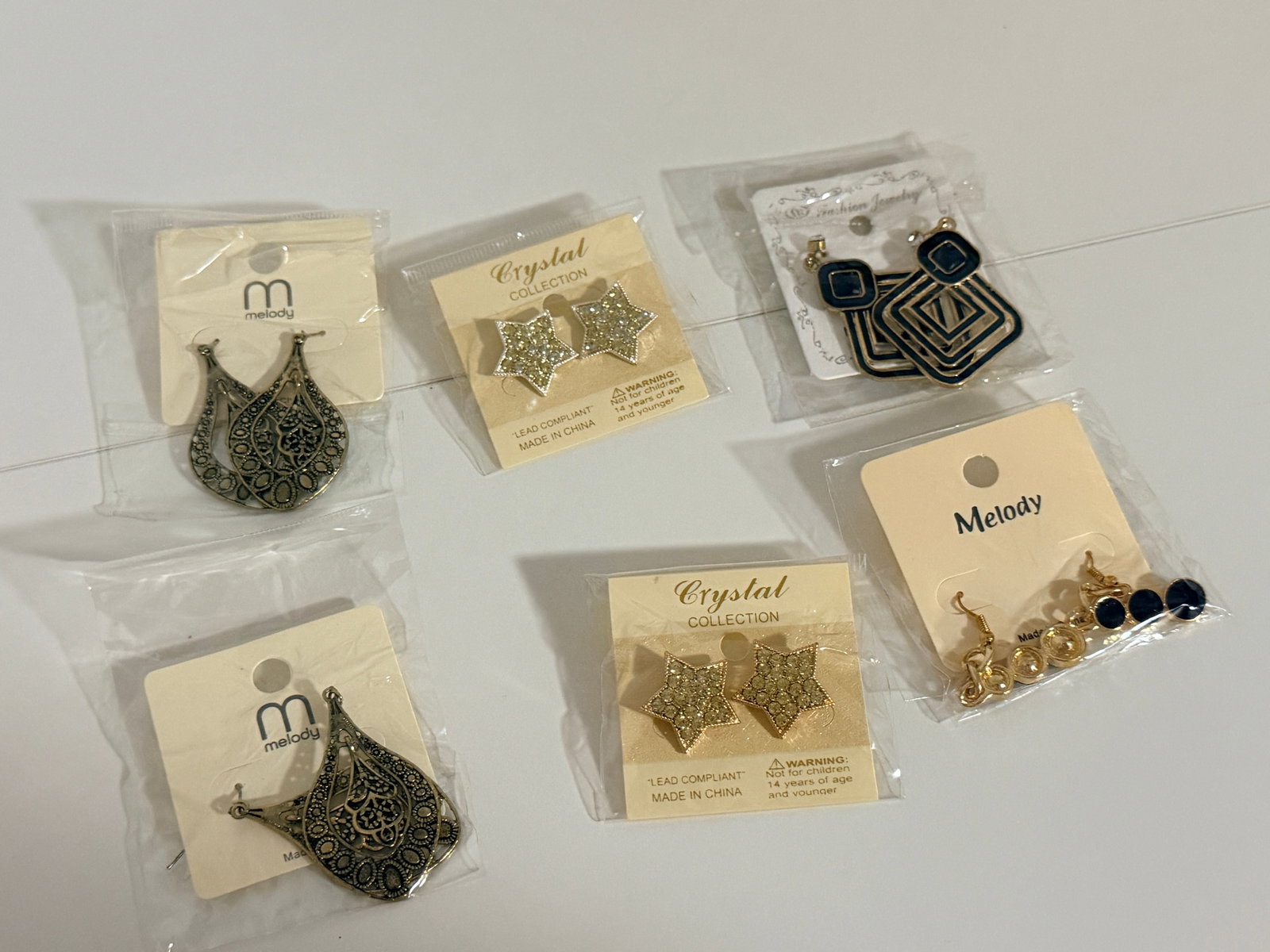 Fashion Earring Lot: 6 packaged assorted earring pairs