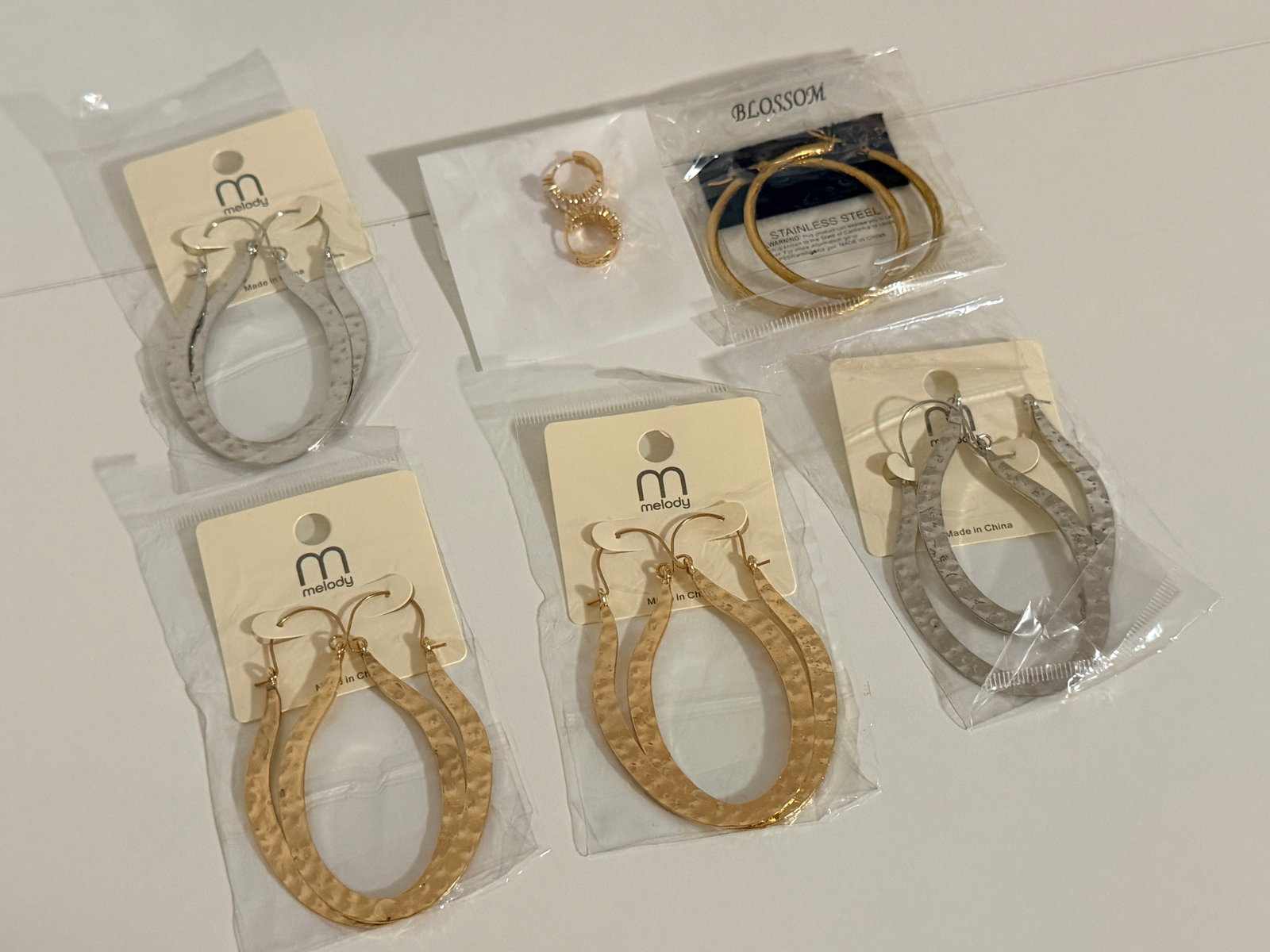 Fashion Earring Lot: 6 packaged hoop & dangle pairs