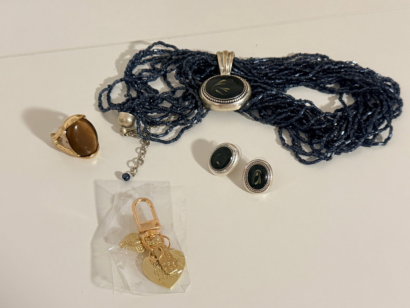 Fashion Jewelry Lot: Beaded necklace ring earrings & charm