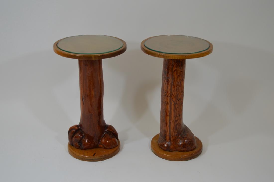 Pair of Thomas Molesworth Drink Stands: Thomas Molesworth, Cody, Wyomming stands with burl pedestal. 22" tall with inset glass tops. 13" in diameter. Originally from the Noble Hotel in Lander, Wyomming. Purchased at auction in the early 70'