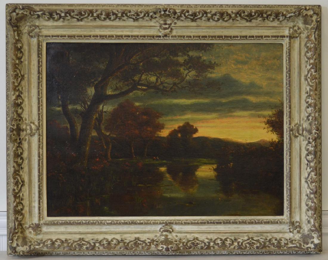 Robert Minor Sr.(1839-1904) Oil on Canvas: mountain river scene. Member of the national academy of design. Well known listed artist. Overall size 31" x 39". Sight size 21 1/2" x 29 1/4"