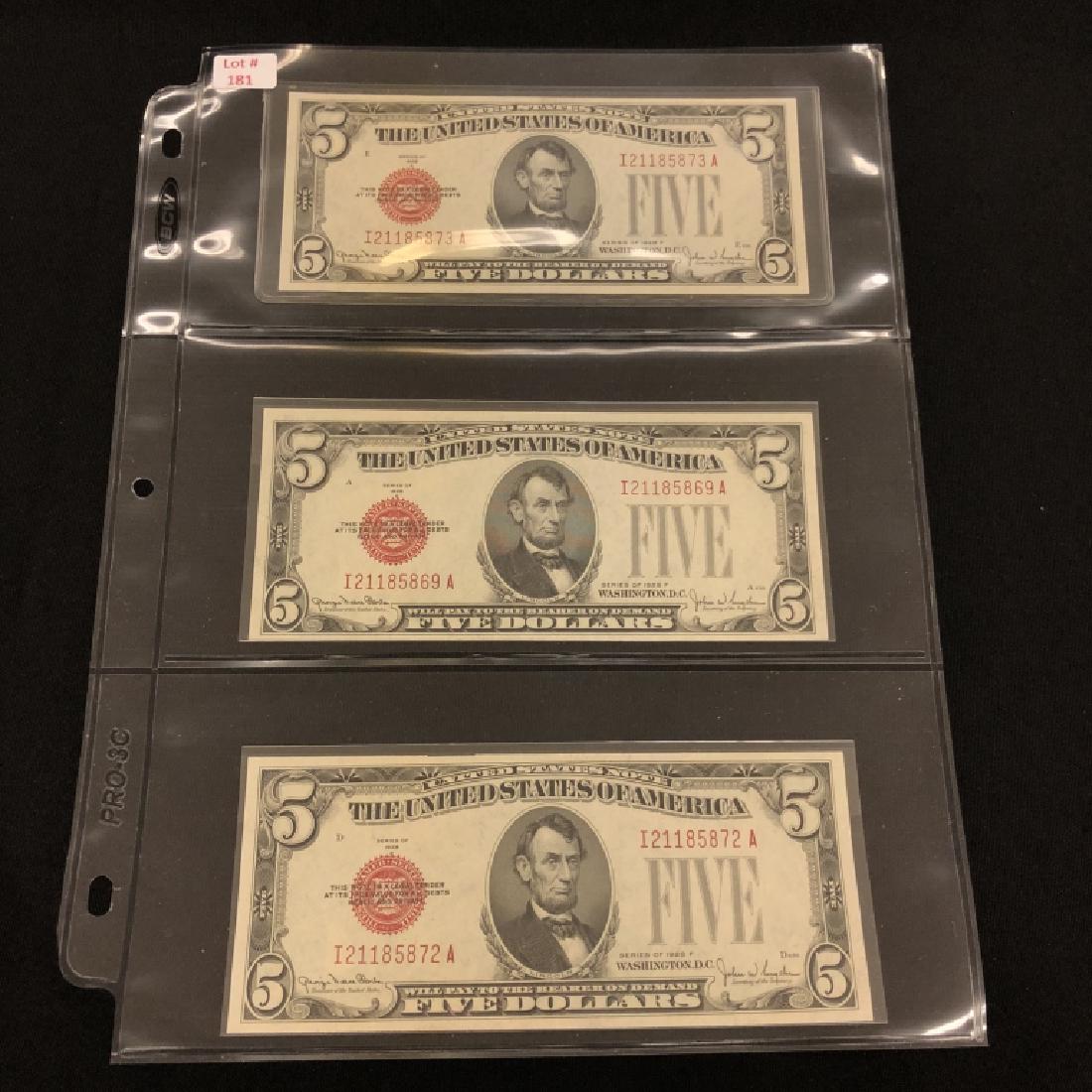 Three 1928 F $5 U.S. Notes (1 of 2)