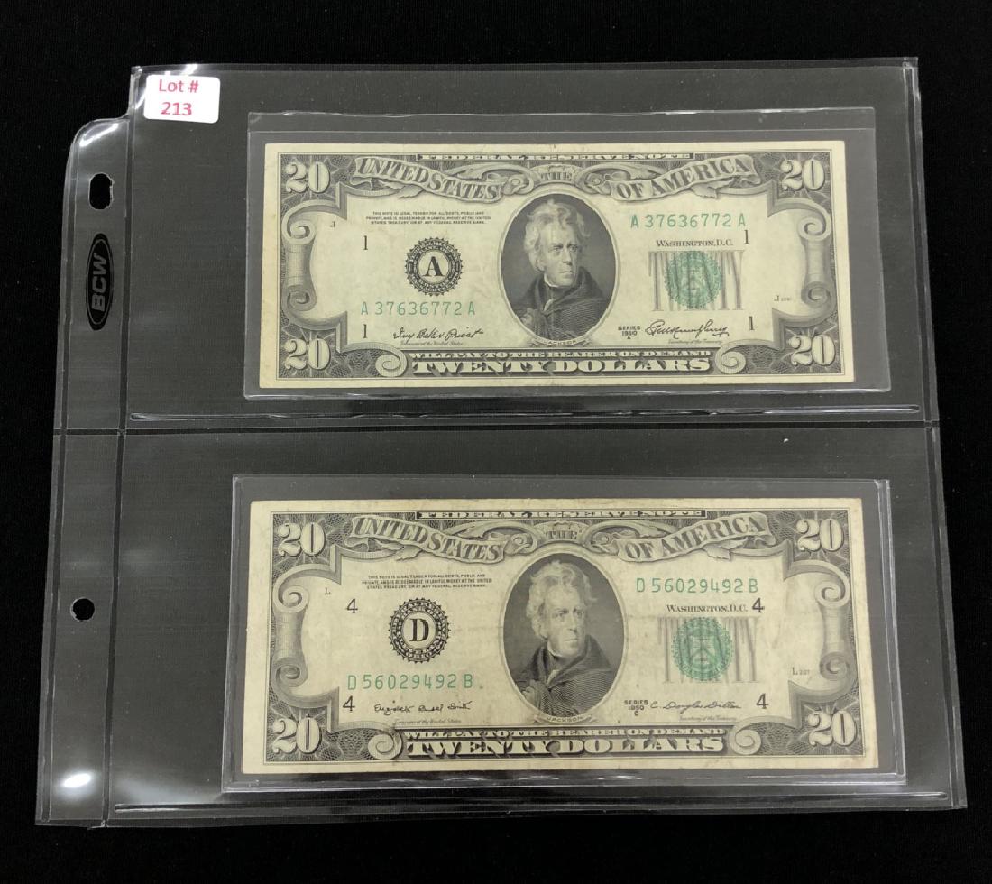1950 A and 1950C $20 Federal Reserve Notes: Green Seal A 37636772 A. D 56029492 B