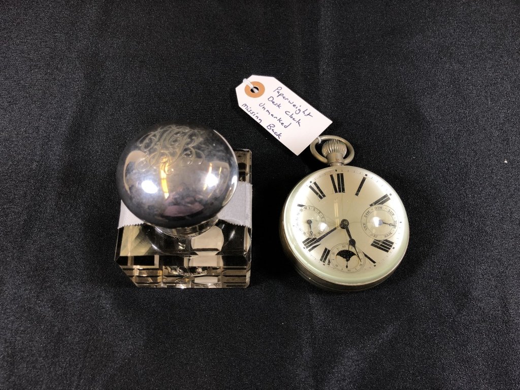 Silver Ink Well & Paper Weight Desk Clock: Ink well is monogrammed. Unmarked Paper weight desk clock is missing back. This lot is from the Beltran-Kropp Estate from San Francisco, California. Peruvian Ambassador Pedro Beltran and his American 