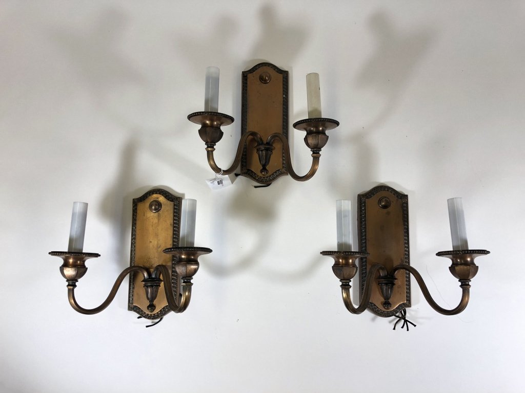 3 Double Arm Antique Copper Electric Wall Sconces: Back plate size 9 1/2' x 3 3/4" Five 3 1/2" milk glass sleeves and 1 cardboard