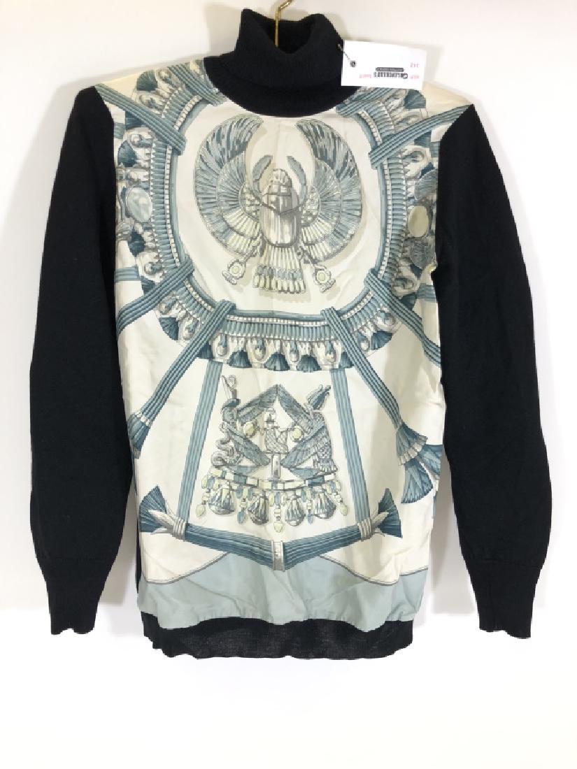 Hermes Turtleneck Sweater - Size 42: Hermes-Paris. Turtleneck sweater features a patterned silk scarf style front. From the Miriam Kropp Estate from San Francisco, California.