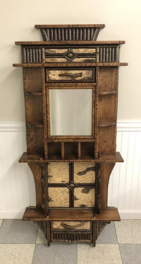 Adk Birdseye Maple Fly Fisherman's Wall Cabinet: with center mirror, two drawers and can hold 2 fly rods. 5' tall x 27" wide x 6" deep.