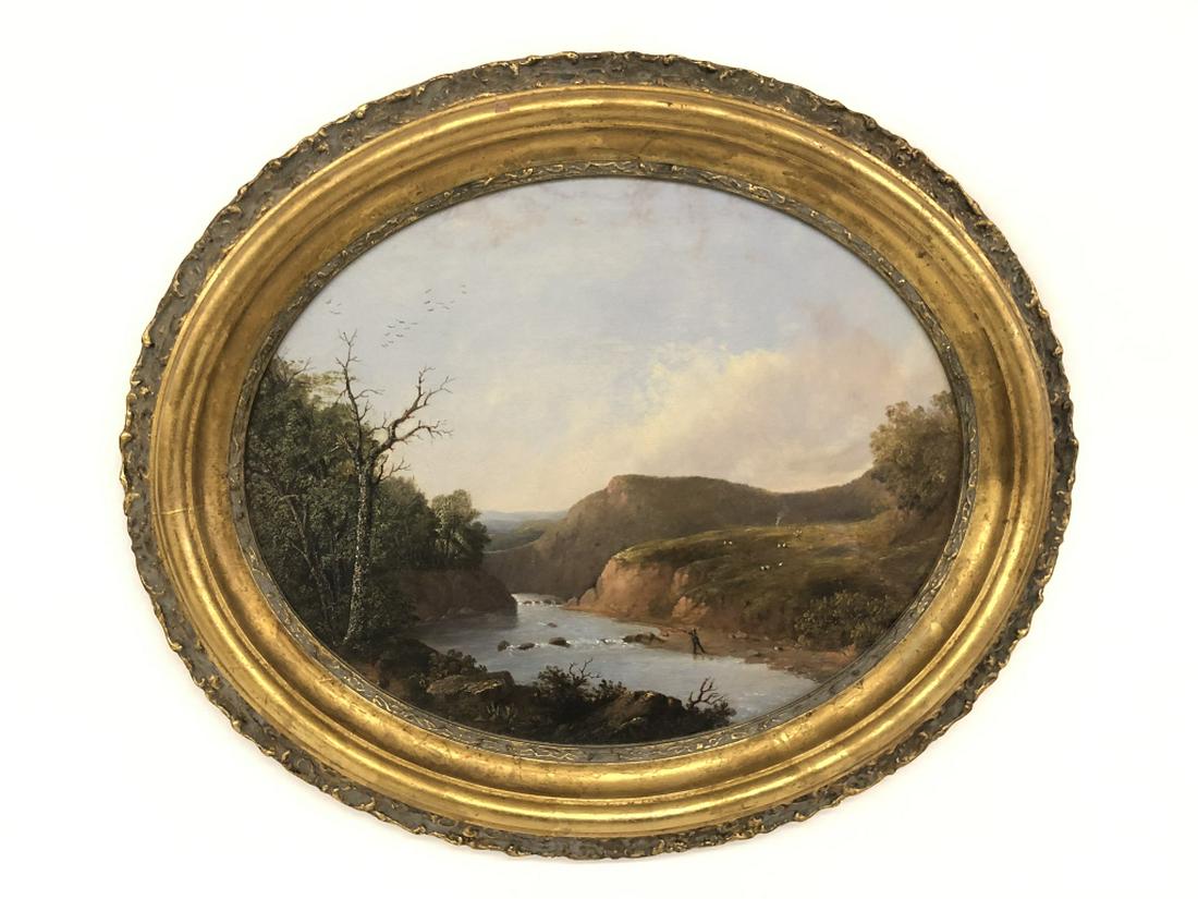 Ambrose Andrews (1805-1859) Oval Oil on Canvas: of river with fly fisherman. Signed Andrews. Overall size 23" x 27". Painting has been cleaned and relined and is in its original period frame.