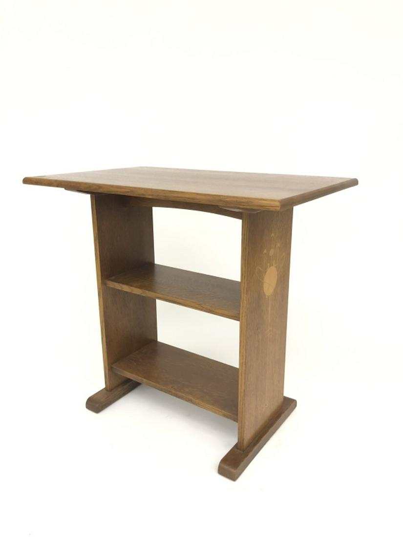 Contemporary Stickley Inlaid Table: Signed and dated 2007. Quarter sawn oak. Top is 19" x 30" and 28 1/4" tall. Two lower shelves and shoe foot base. Inlaid design on both ends.