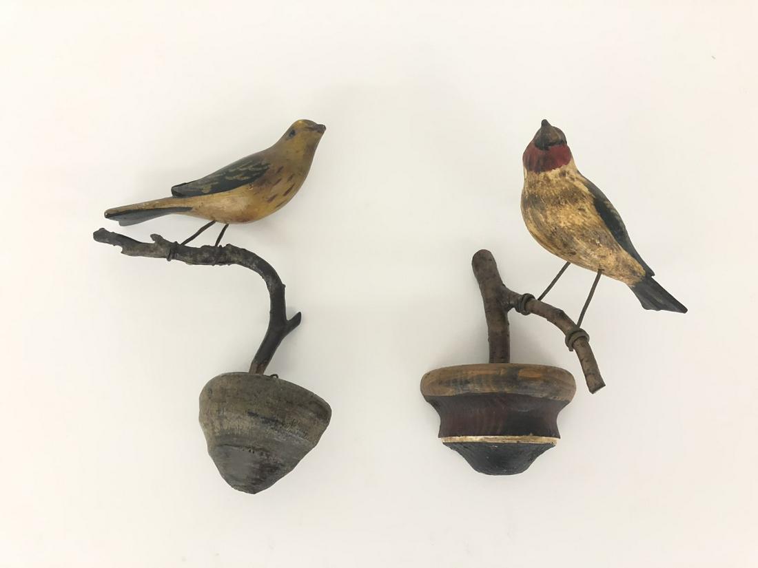 Early Hand Painted & Carved Wall Hanging Birds: birds each have wire legs wrapped around twig branches. Approx. 6"