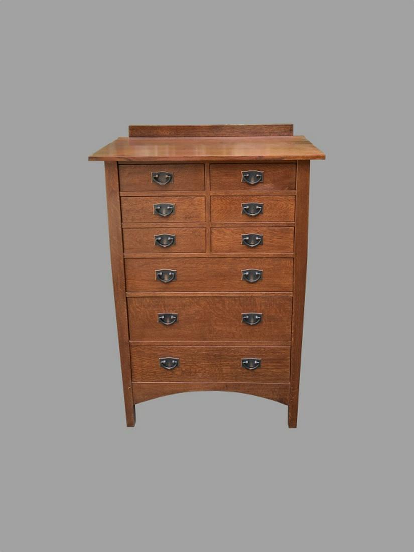 Modern Stickley Oak Highboy Dresser: measures 55 3/4" x 37 3/4" x 20". In excellent condition.