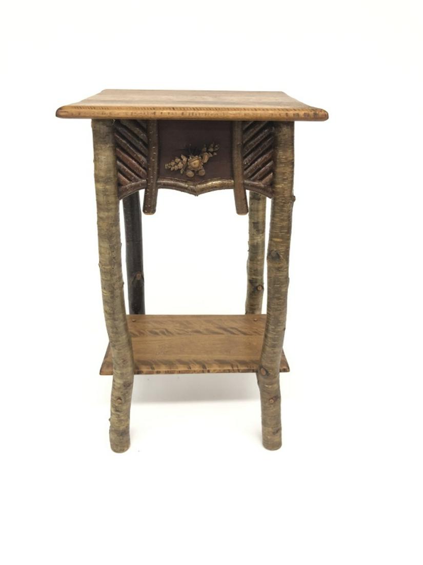 Adirondack Contemporary Curly Birch End Stand: solid birch top with yellow birch legs made in the rustic style. 31" tall and 18" wide top.