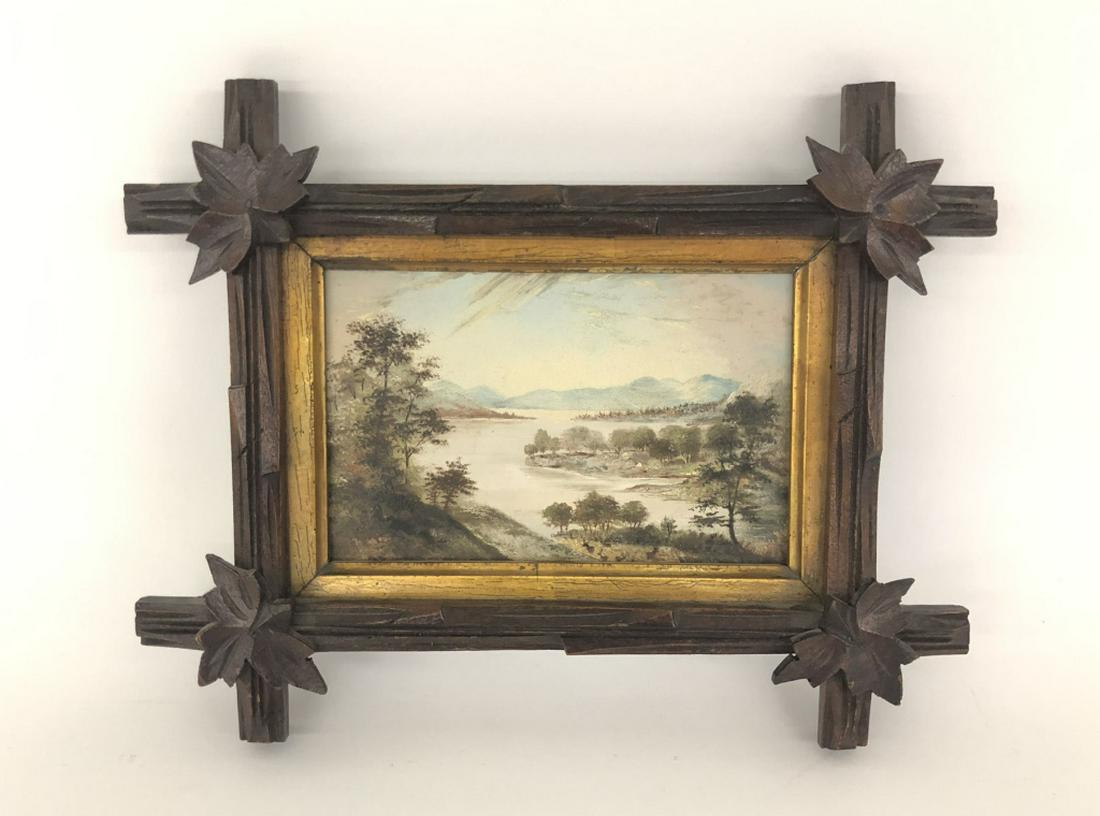 Blue Mountain Lake Oil on Board Painting: Overall size 6" x 9". Sight size 4" x 6" Unsigned in a walnut victorian frame.
