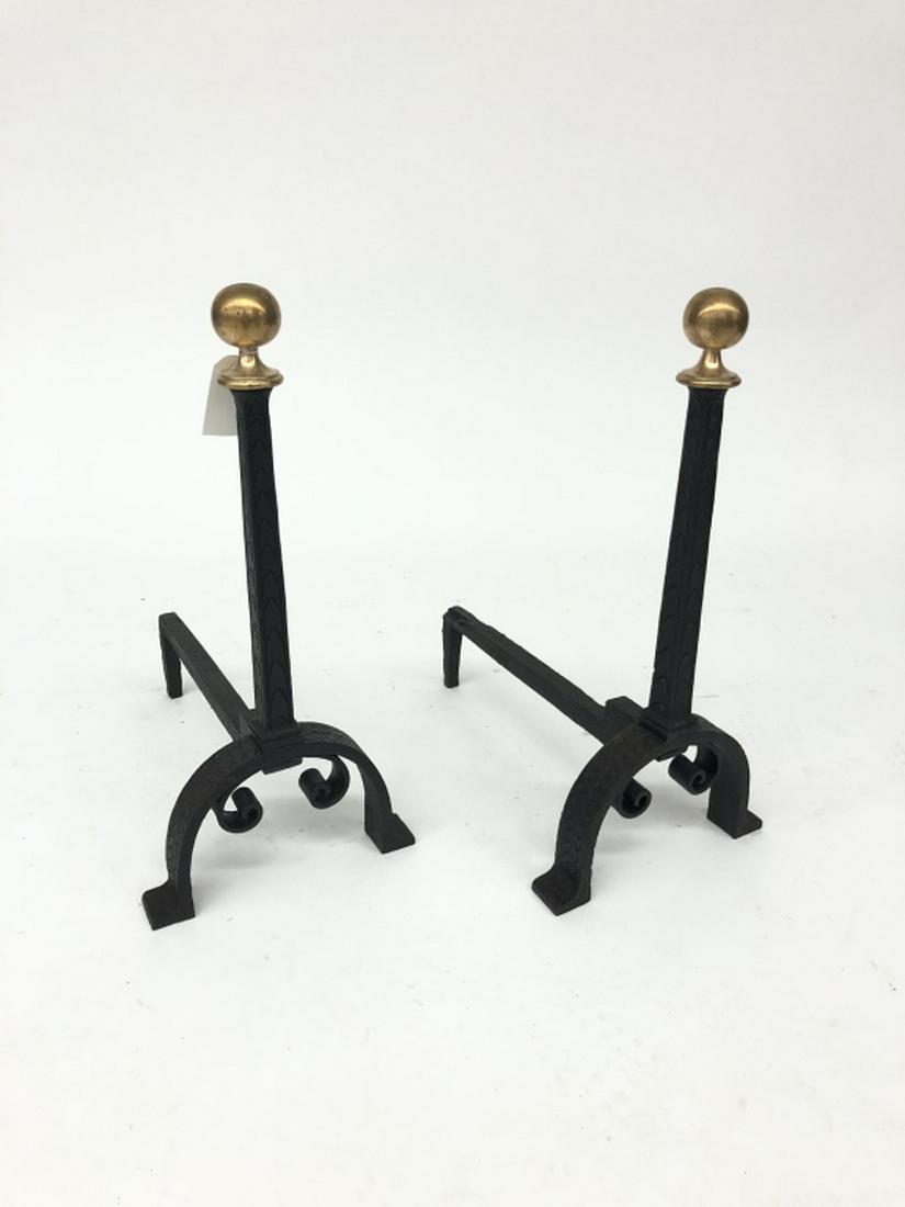 Hand Forged Brass & Iron Andirons: attributed to Samuel Yellen. 23" tall, 16" long dawgs. Intricate metalwork.