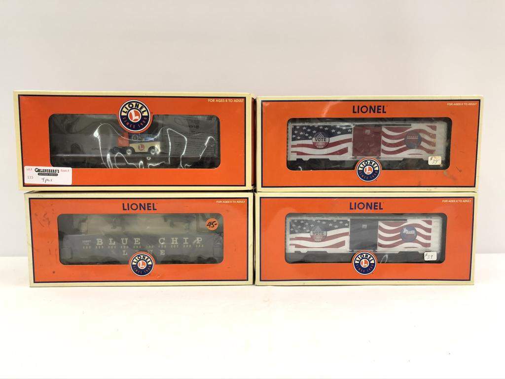 4 Lionel Trains - 26013, 26807, 25060, 25059: 26013 Flat Car with Zamboni 26807 Blue Chip Line Animated Gondola 25060 Republican Box Car 25059 Democrat Box CarAll trains are from the Dwayne Martin Estate from Gouverneur, NY. He was an avid lifeti