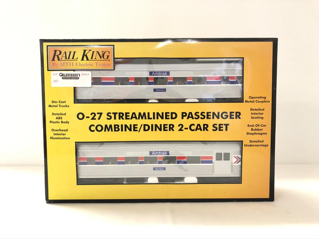 Rail King 6004 Amtrak Combine / Diner Set: All trains are from the Dwayne Martin Estate from Gouverneur, NY. He was an avid lifetime collector of "O" gauge trains and spent much of his free time traveling across the Northeast attending model t