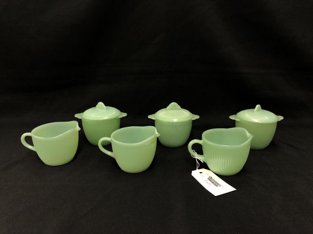 3 Jadeite Fire King Ribbed Creamer and Sugar Sets (1 of 3)