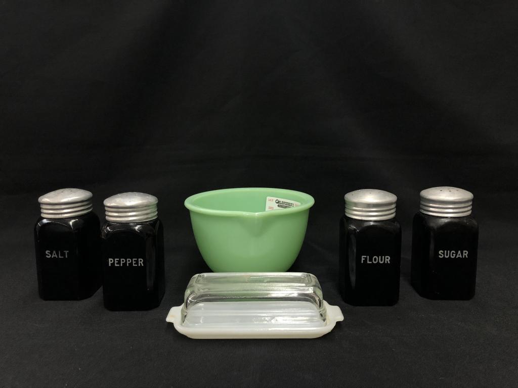 Jadeite Mixing Bowl, 4 Shakers, Butter Churns (1 of 1)