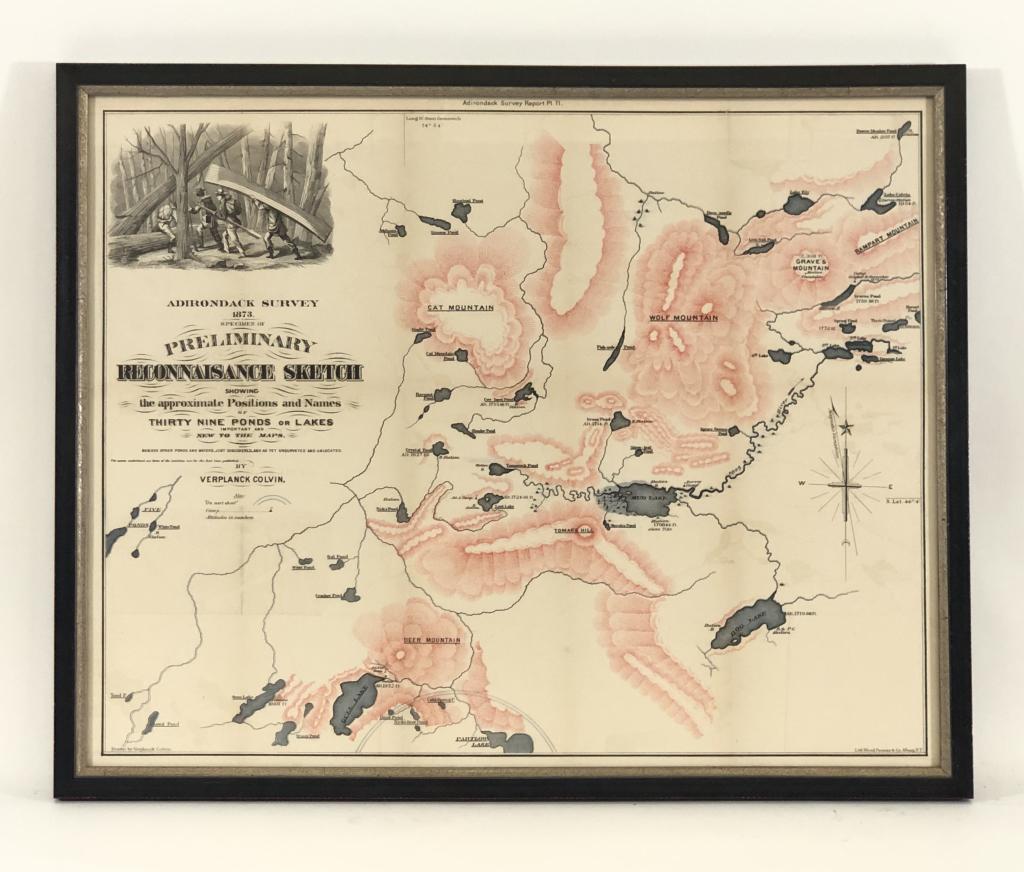 1873 Adirondack Survey Map -5 Pond Wilderness Area: by Verplanck Colvin. Showing the approximate positions and names of 39 ponds or lakes. Mountains to include: Cat mountain, Wolf Mountain, Deer Mountain, Graves Mountain. Nicely Framed. This map shows 